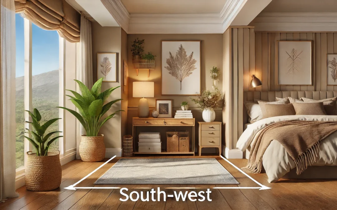 A peaceful and well-organized south-west corner of a home, showcasing a master bedroom or study with earthy tones and soft lighting, symbolizing stability in Vastu Shastra.